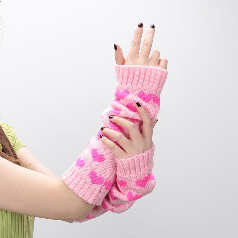 Pink Heart Knitted Arm Warmers