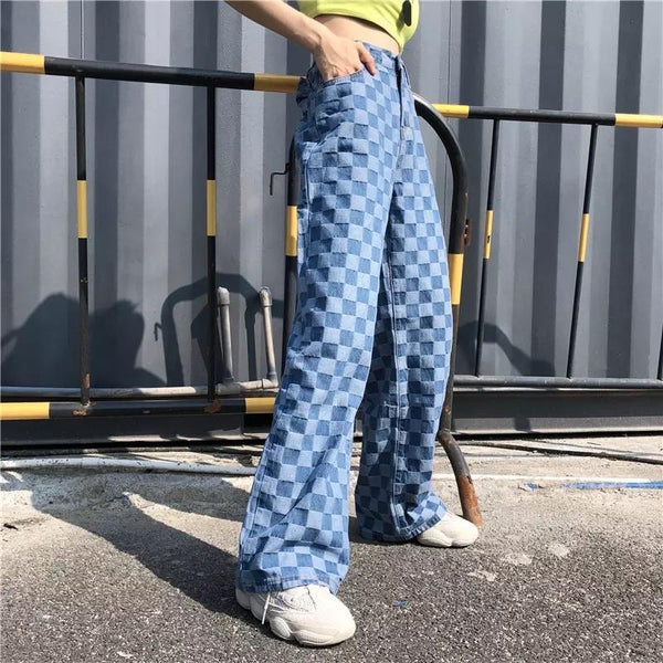 Checkered Blue Wide Leg Pants - Sour Puff Shop
