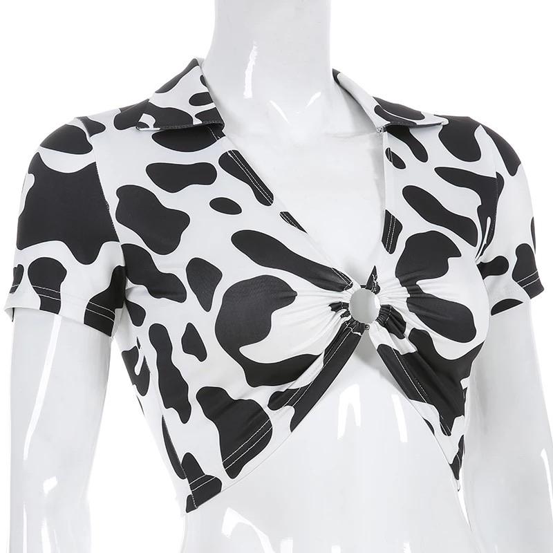 Cow-Bye Print V-Neck Crop Top 🐮🖤 - Sour Puff Shop