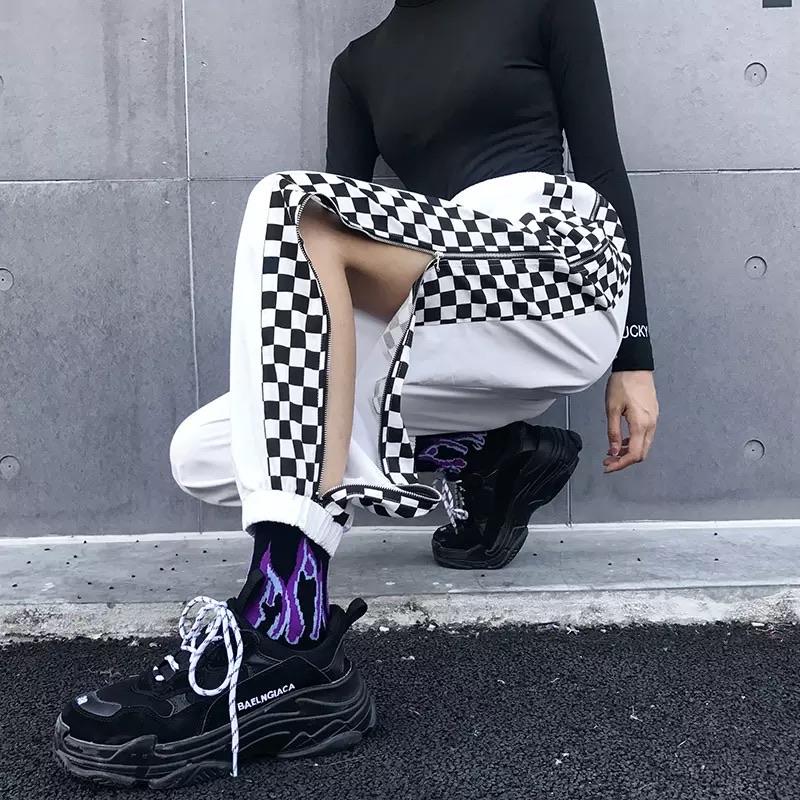 White Zipped Up Checkered Pants 🤍 - Sour Puff Shop