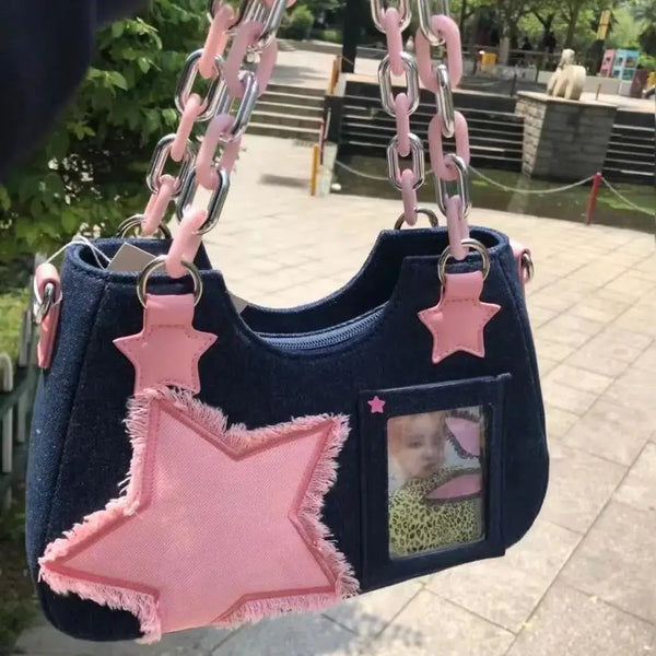 Lola Y2K Denim Baguette Handbag