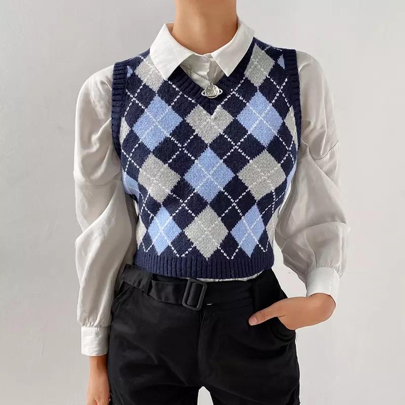 Y2K Blouse and Sweater Vest Combo Size Medium Blue/Brown