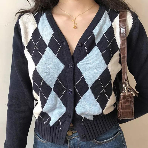 Blue Argyle Cardigan - Sour Puff Shop