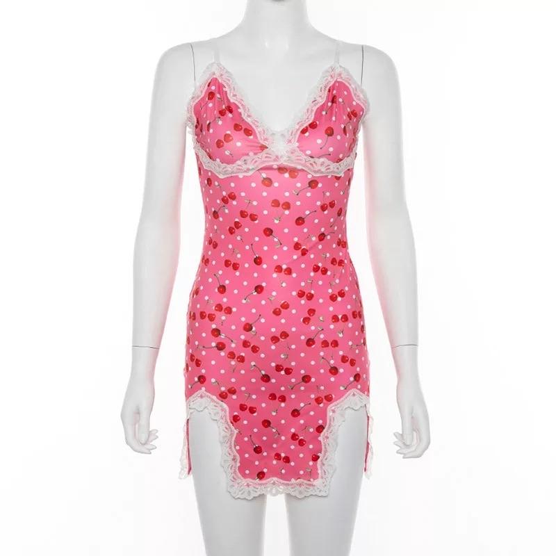 Cherry Slit Dress  - Pink Dress - Sour Puff Shop