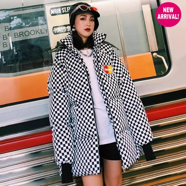 Checkered puffer clearance coat