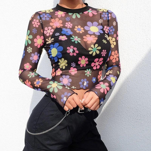Floral Print Sleeved Crop Top - Sour Puff Shop