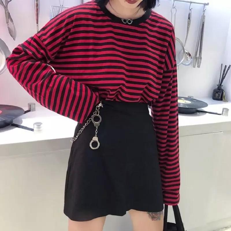 Grunge Red Striped long-sleeved shirt ❤️ - Sour Puff Shop