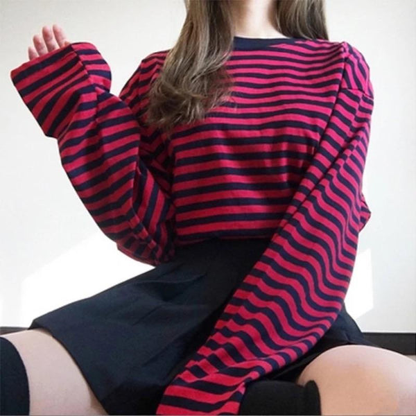 Grunge Red Striped long-sleeved shirt ❤️ - Sour Puff Shop