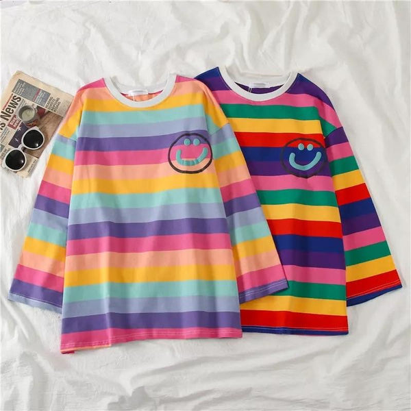 Happy-Face Striped Sleeved Shirt - Sour Puff Shop