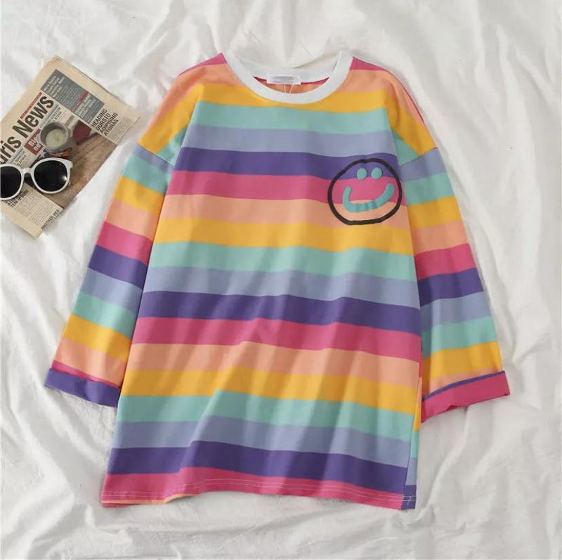 Happy-Face Striped Sleeved Shirt - Sour Puff Shop
