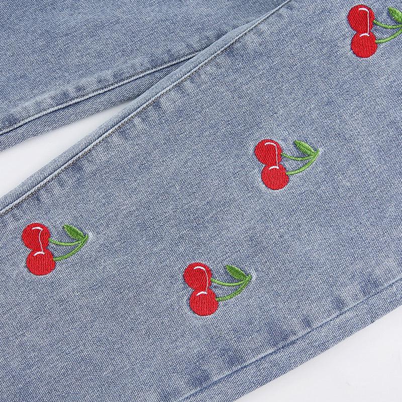 Cherry Embroidered Jeans 🍒✨ - Sour Puff Shop