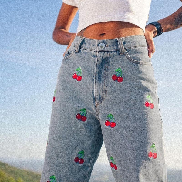 Cherry Embroidered Jeans 🍒✨ - Sour Puff Shop