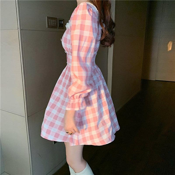Pink Gingham Shirred Mini Dress