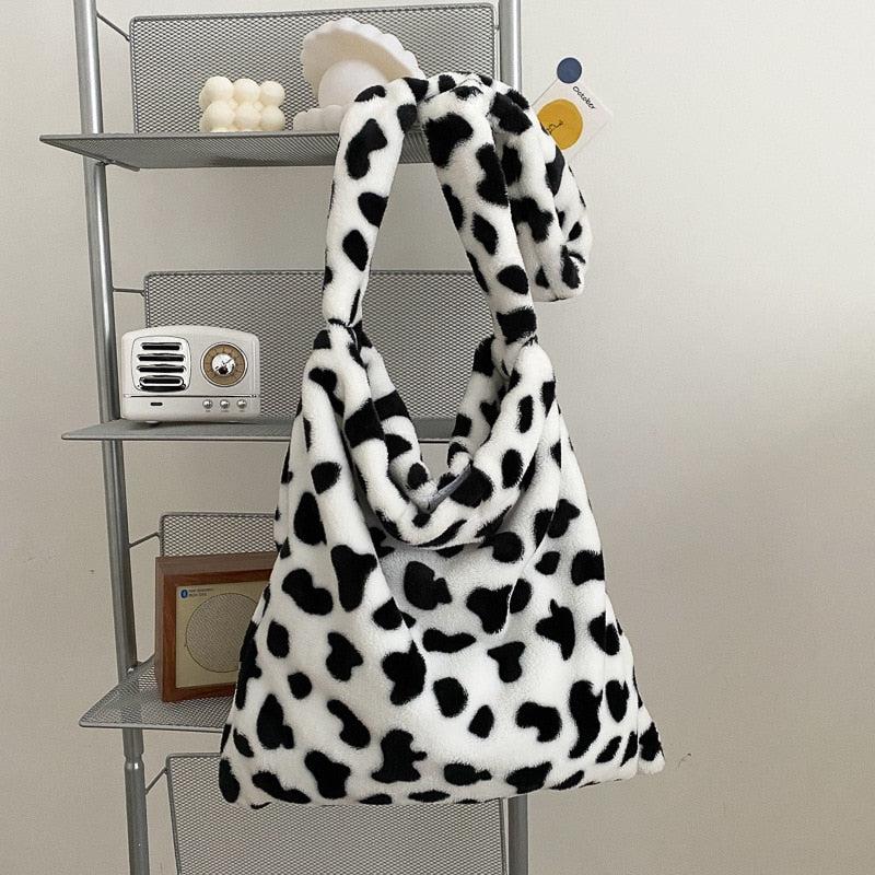 Fuzzy, Soft, Plush, Fluffy Cow Print Fluffy Shoulder Tote Bag For Girls,  Women, College Students, Rookies & White-collar Workers For Work, Office
