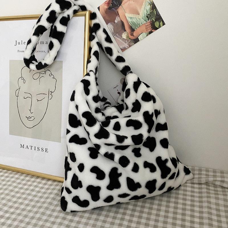 Fuzzy, Soft, Plush, Fluffy Cow Print Fluffy Shoulder Tote Bag For Girls,  Women, College Students, Rookies & White-collar Workers For Work, Office