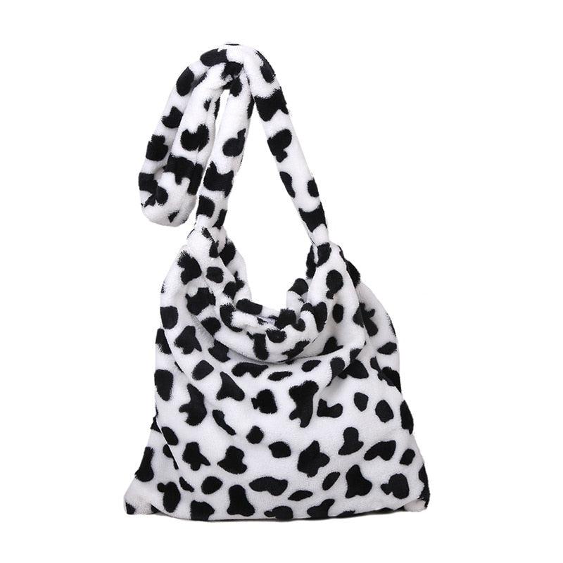 Fuzzy, Soft, Plush, Fluffy Cow Print Fluffy Shoulder Tote Bag For Girls,  Women, College Students, Rookies & White-collar Workers For Work, Office,  Commute, For Autumn & Winter, Warm Winter, Outdoors