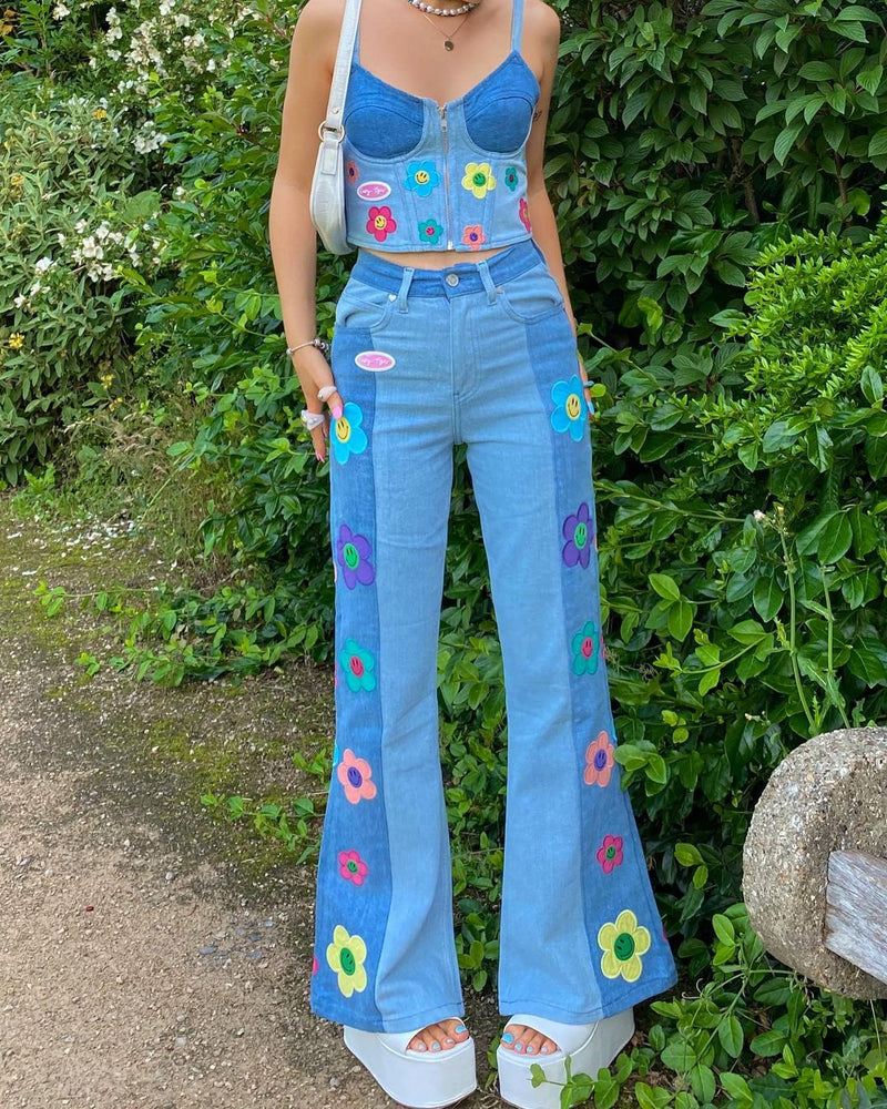 SOULS & SIRENS, Jeans, Light Wash Floral Embroidered Patch High Waisted Flare  Bell Bottom Denim Jeans