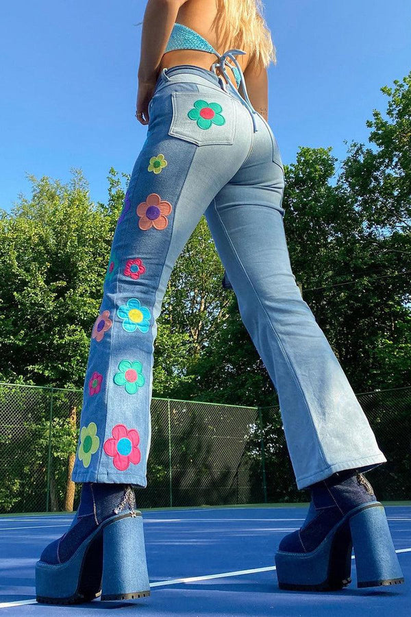 Hippie Flower Patch Flare Jeans