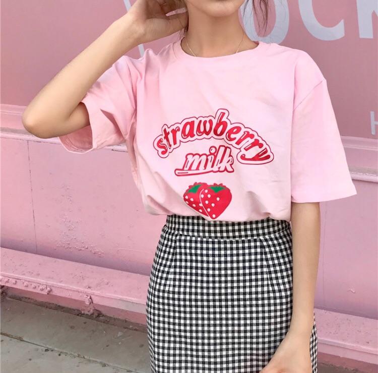 Kawaii Strawberry Milk Print T-shirt - Kawaii Fashion Shop
