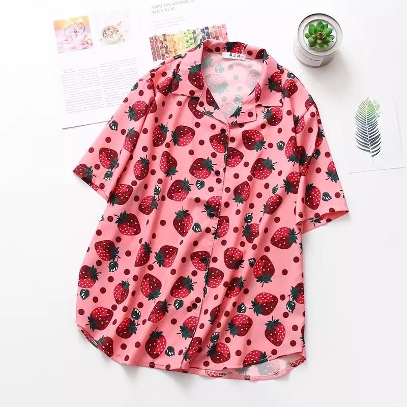 Strawberry Print Button-Up Shirt 🍓 - Sour Puff Shop
