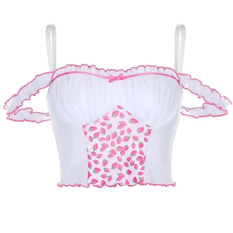 Pink Printed Ruched Mesh Bandeau Corset Crop Top – Strawberry Moon